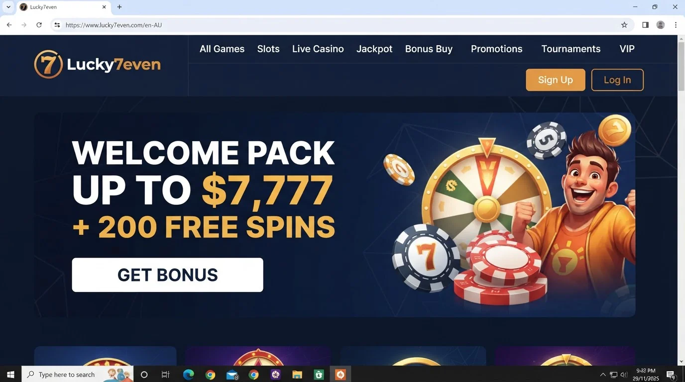 Current Lucky7even English-AU homepage interface