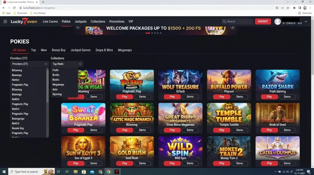 Lucky7even Australia games lobby with pokies and category filters visible