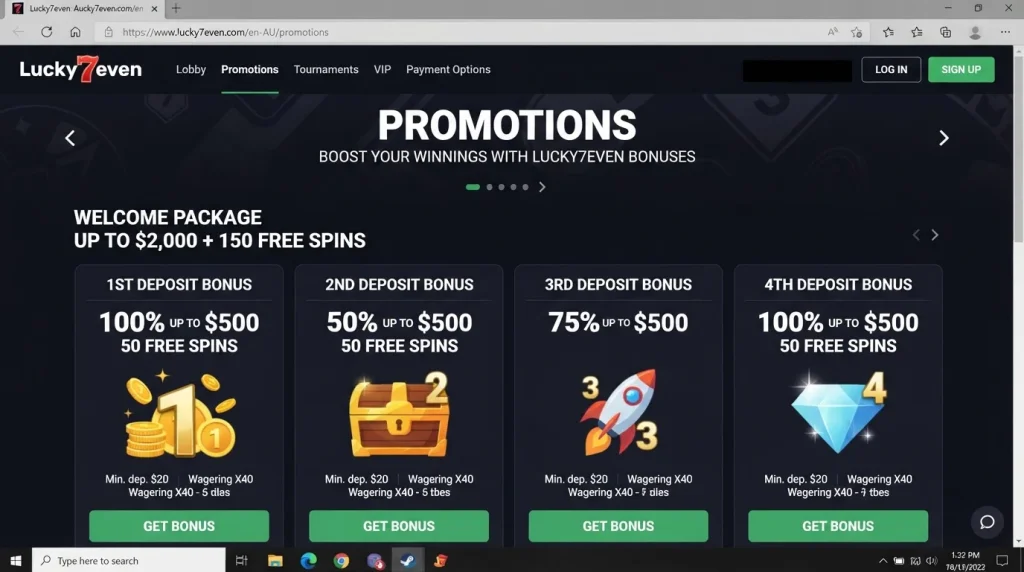 Lucky7even Australia promotions page showing the current welcome-package interface