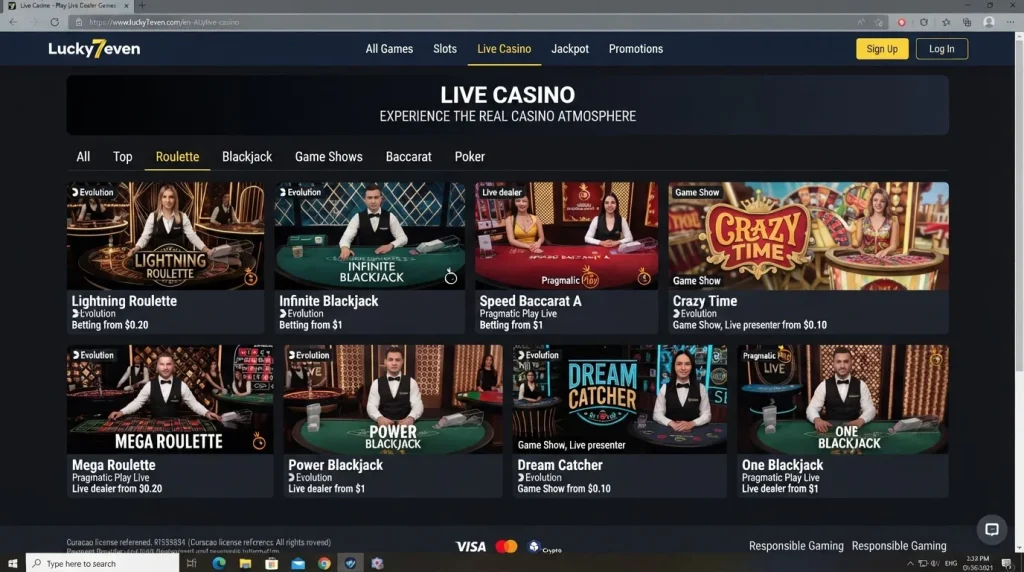 Lucky7even live casino lobby with blackjack, roulette, baccarat, game shows and poker categories