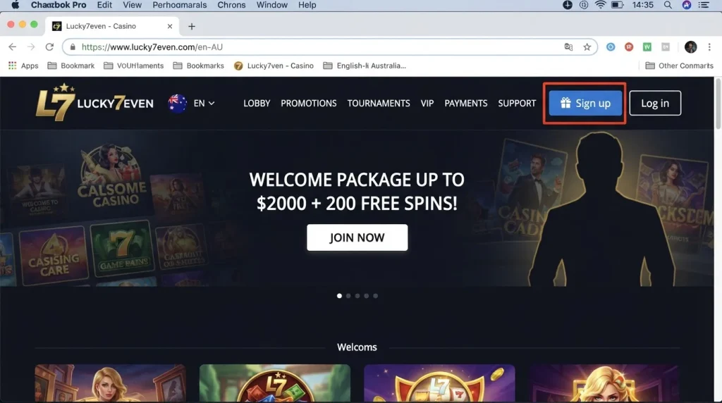 Lucky7even official English-AU account interface with sign-up and login controls visible