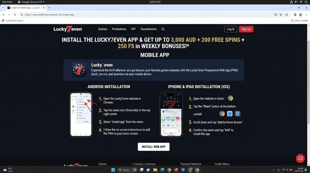 Lucky7even official install-app page showing Android and iPhone web-app installation instructions