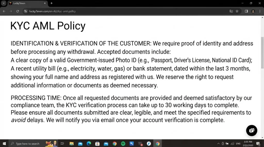 Lucky7even official KYC AML policy showing identity document, proof of address and review timing requirements