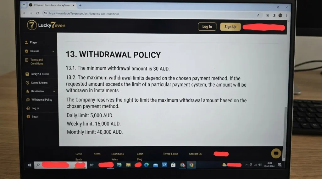 Lucky7even withdrawal policy showing the current AUD minimum and withdrawal frequency limits